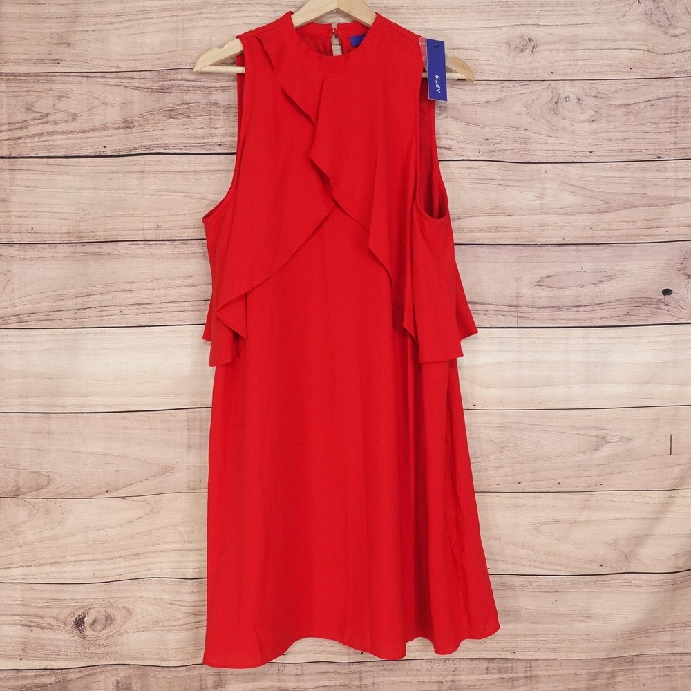 New! APT 9 Dress‎ Womens XL Red Sleeveless Ruffle High Neck Swing Knee Lined